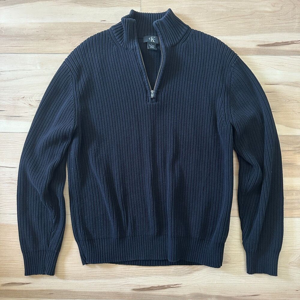 Calvin Klein Men's Half 1/4 Zip Long Sleeve Pullover Knit Sweater Black Sz Large
